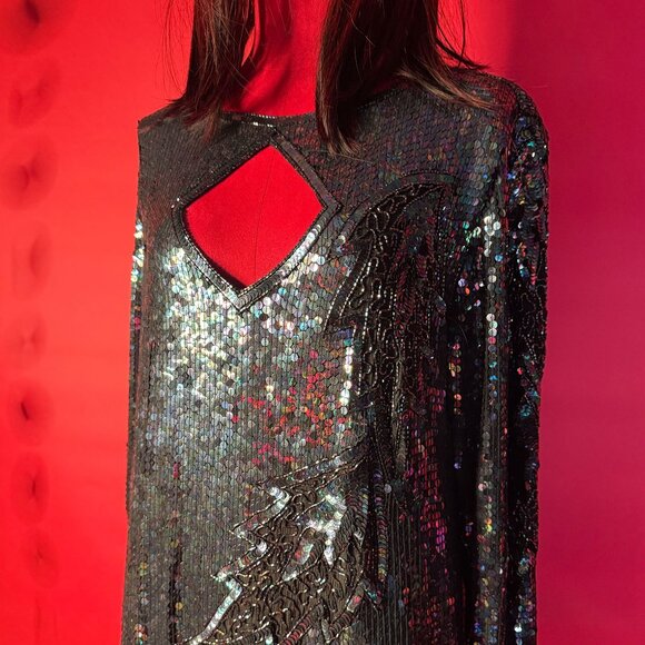 Vintage Iridescent Sequin Silk Dress – 1980s/90s Maharani – Gothic Mermaid Glam - Picture 3 of 12